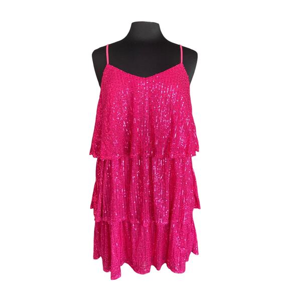 Vine & Love Pink All Over Sequin Tiered Mini Dress Size SMALL Fairy Disco Prom - Picture 1 of 10